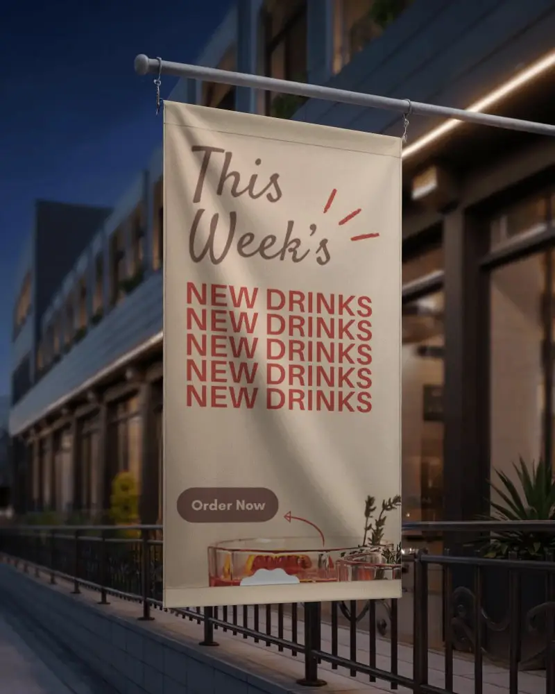 Outdoor Vertical Flag Banner Mockup Hanging On Metal Pole Urban Street Display