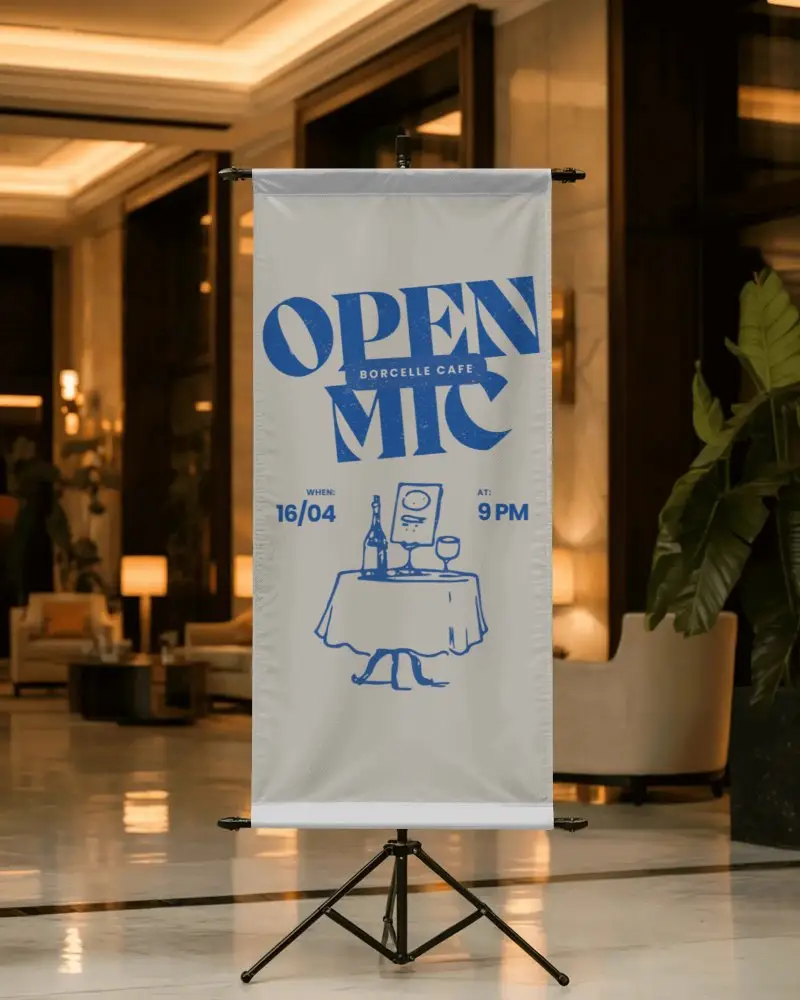 Elegant Display Banner Mockup In Luxurious Hotel Lobby Using Tripod Stand For Marketing Presentation