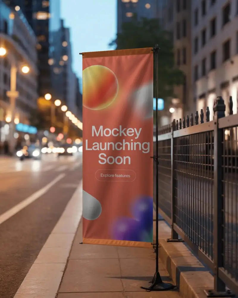 Urban Street Banner Mockup For Advertising Promotion At Night In City Environment