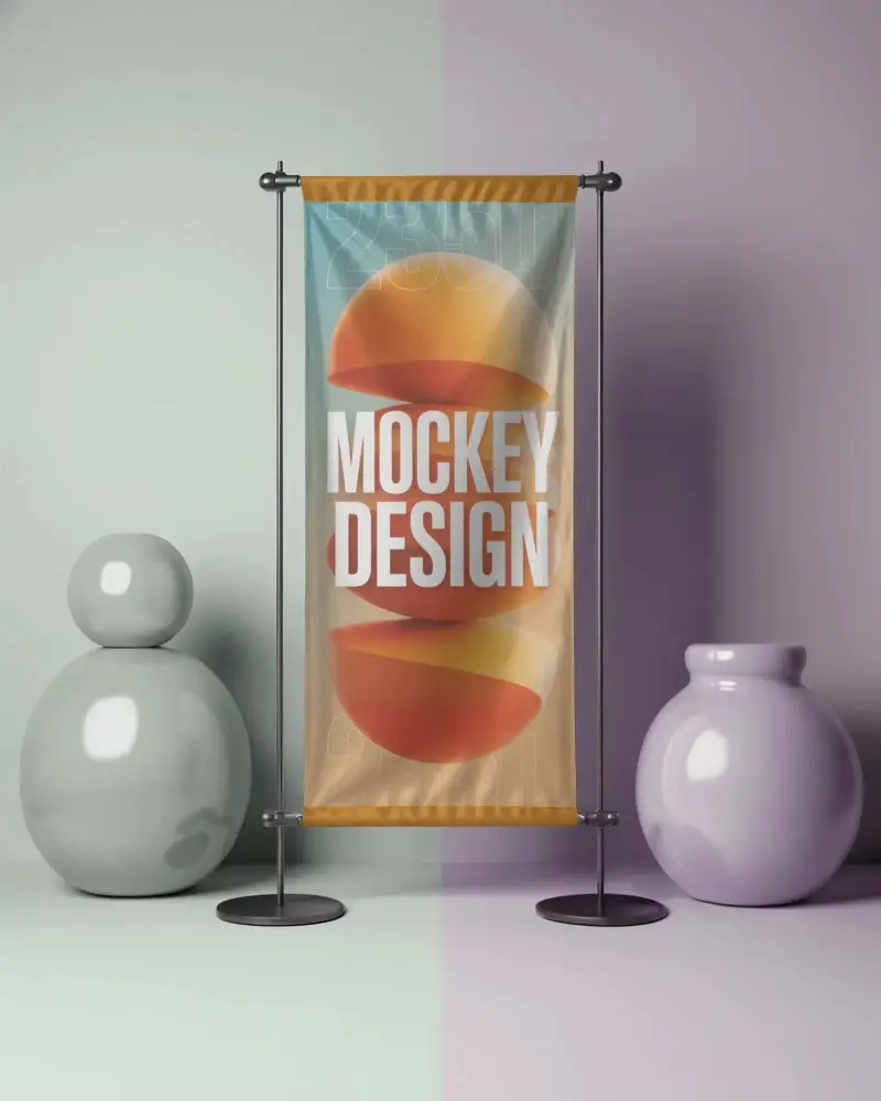 Elegant Draped Banner Mockup With Modern Decor Vases For Custom Display And Design