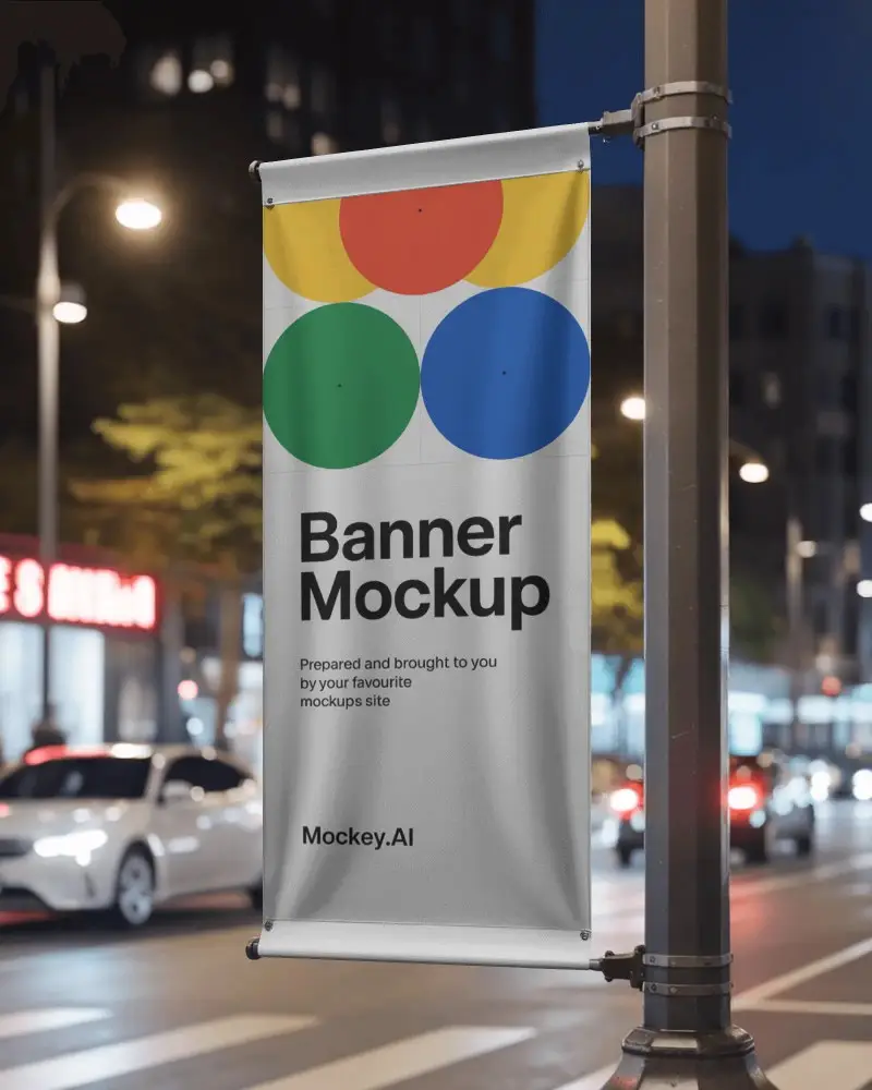 Street Pole Banner Mockup For Urban Advertising And Nighttime Promotion Display Design