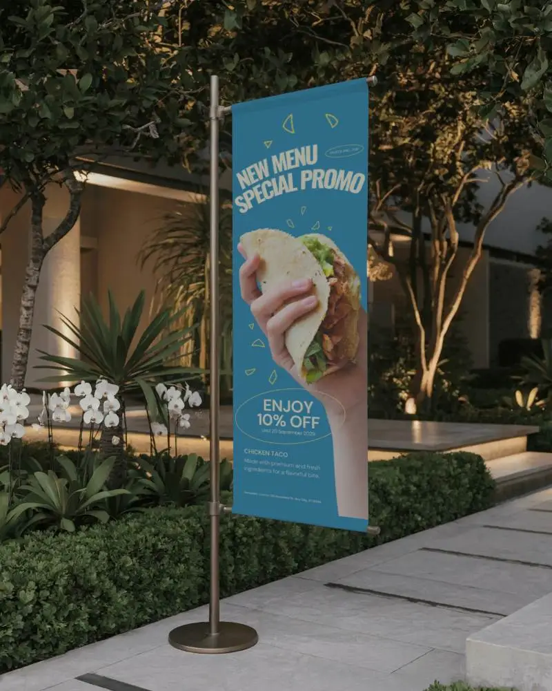 Outdoor Vertical Banner Mockup Flag Display For Garden And Event Promotional Mockup Setup