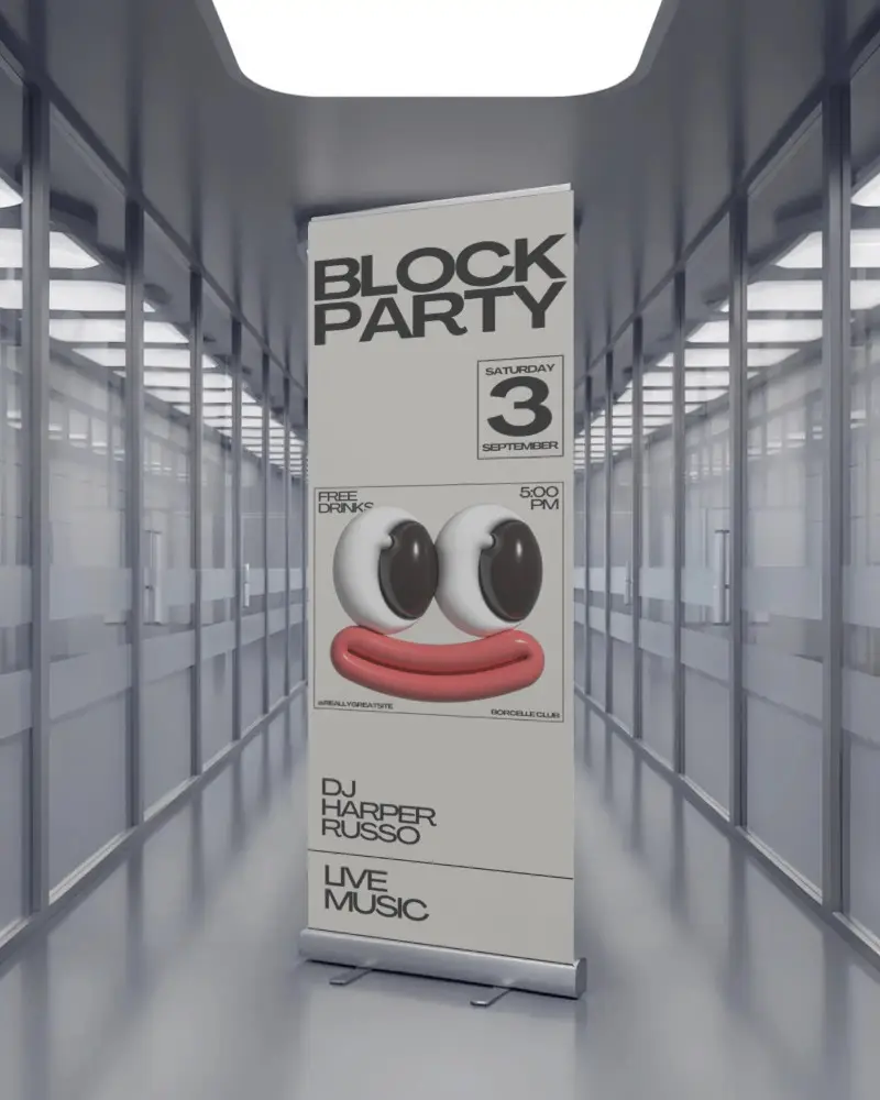 Modern Office Environment With Vertical Banner Mockup Stand For Professional Marketing