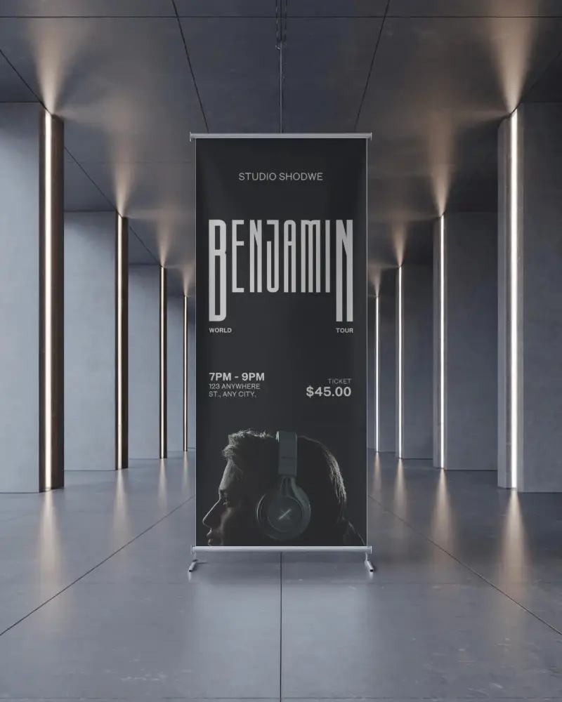 Modern Banner Stand Mockup In Minimalistic Industrial Space For Brand Promotion And Advertising