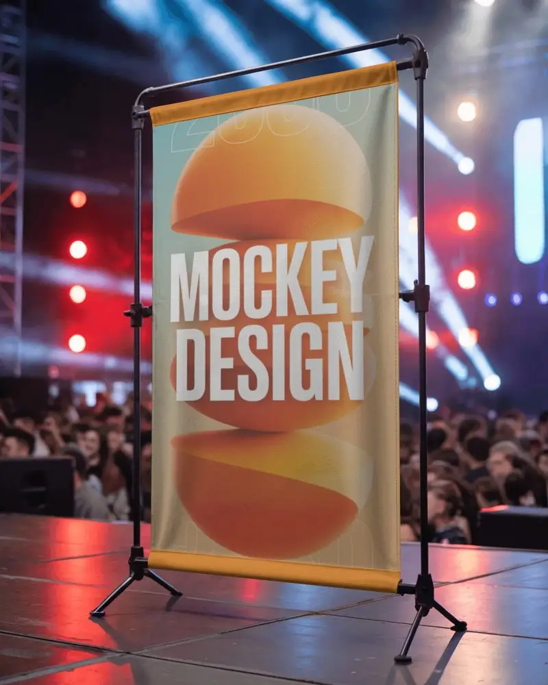 Vertical Blank Banner Mockup On Stage With Event Background And Crowd Audience For Promotion