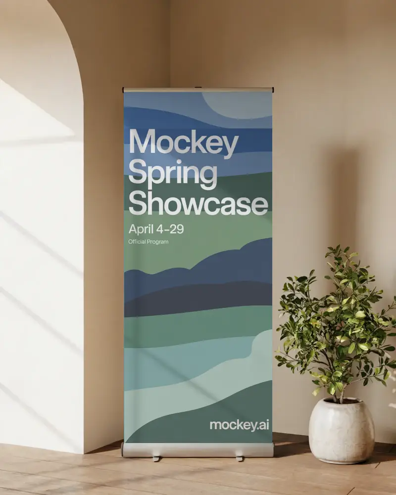 Blank Vertical Roll Up Banner Mockup Stand Mockup In Contemporary Interior Space