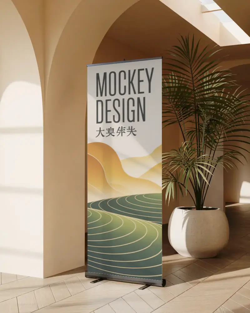 Modern Blank Banner Mockup Displayed In Breezy Spacious Room With Potted Foliage
