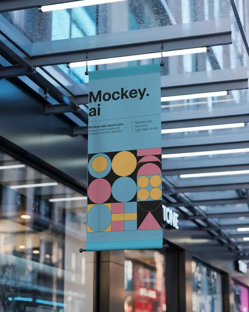 Hanging Vertical Banner Mockup For Modern Retail Storefronts Cityscape Background