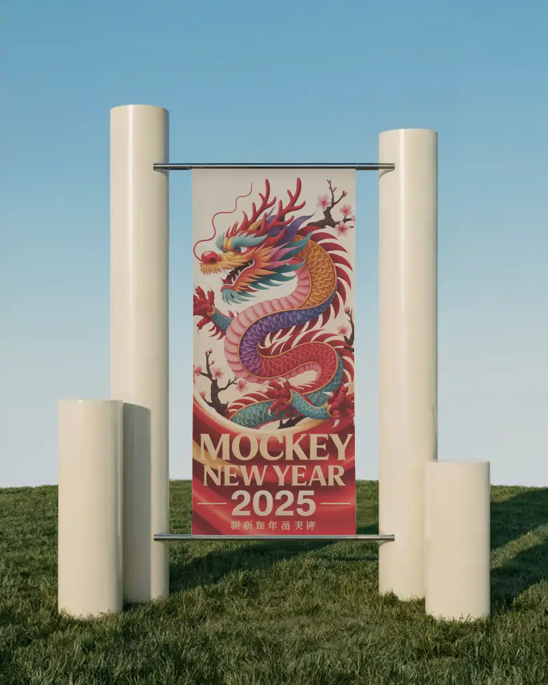 Freestanding Outdoor Advertising Banner Mockup With Vertical Fabric Panel And Pole Supports