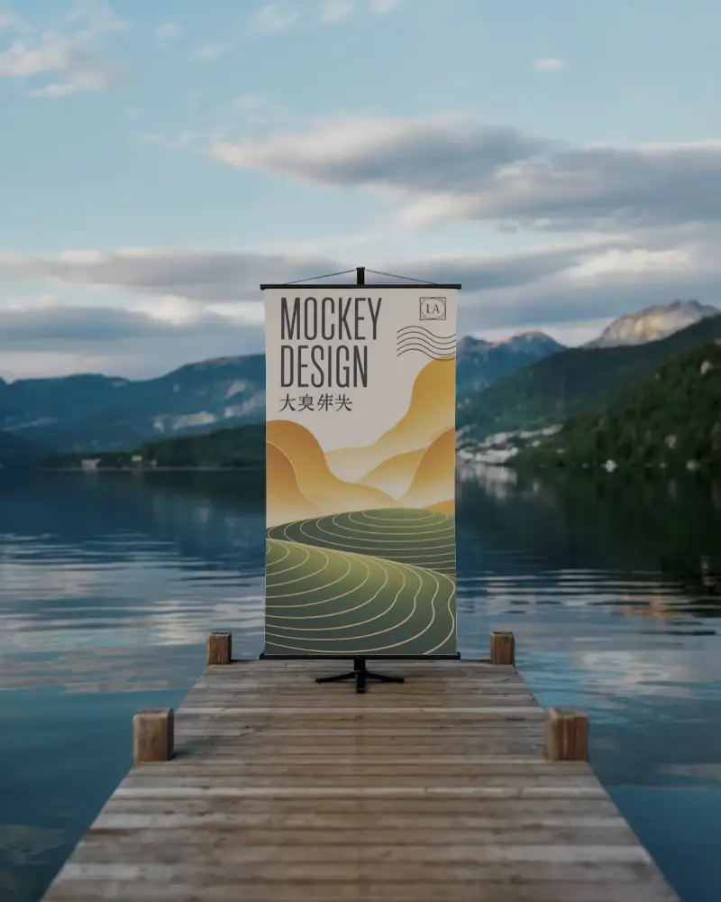 Portable Stand Banner Mockup On Pier Over Water With Scenic Nature Mountain View