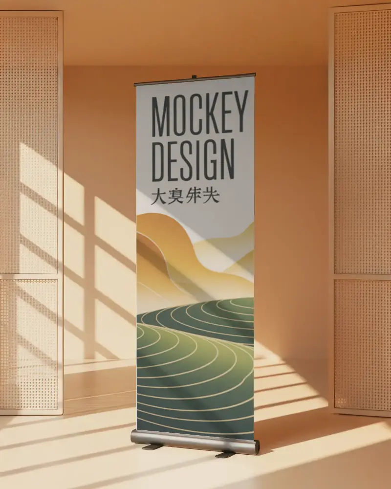 Modern Blank Pull Up Banner Mockup Stand Simple Room Light Shadow Mockup Template