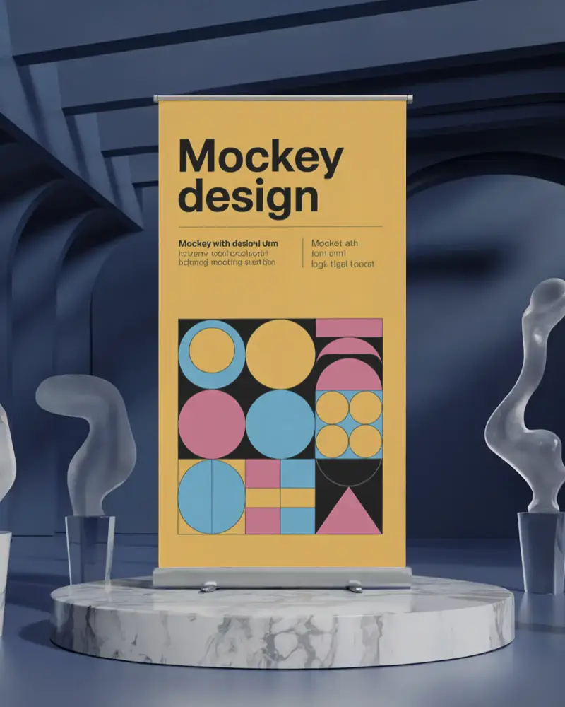 Sleek Vertical Banner Mockup Setup On Marble Platform For Branding And Marketing Designs