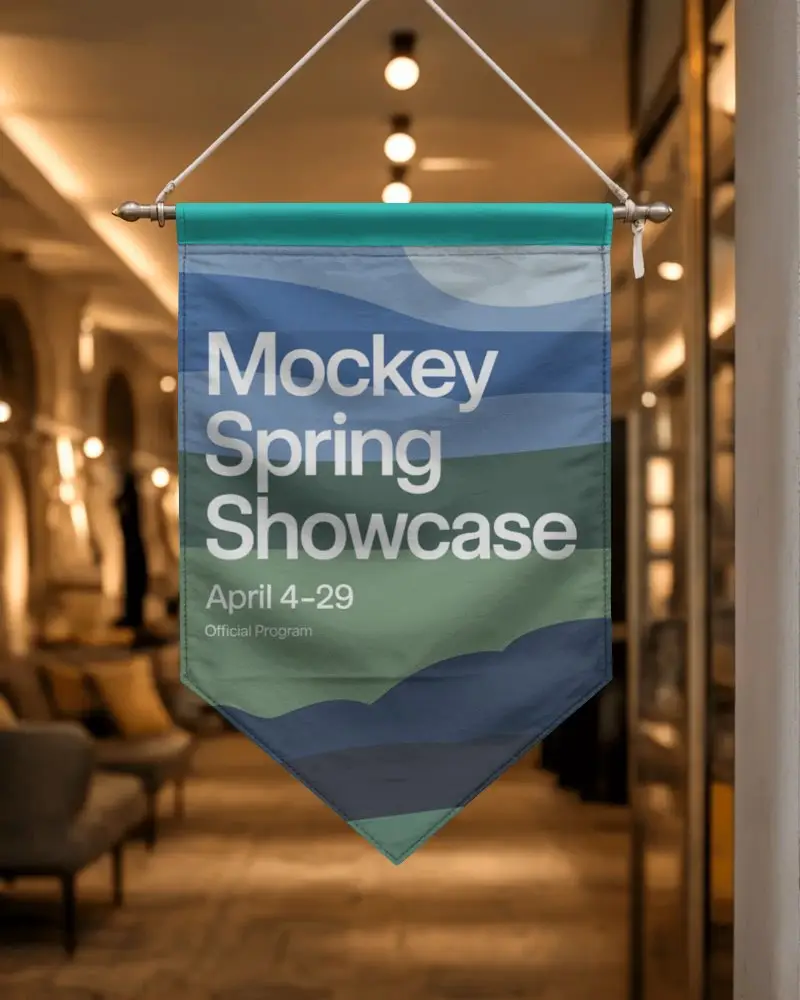 Hanging Blank Banner Mockup With Indoor Cozy Lobby Background For Design Preview