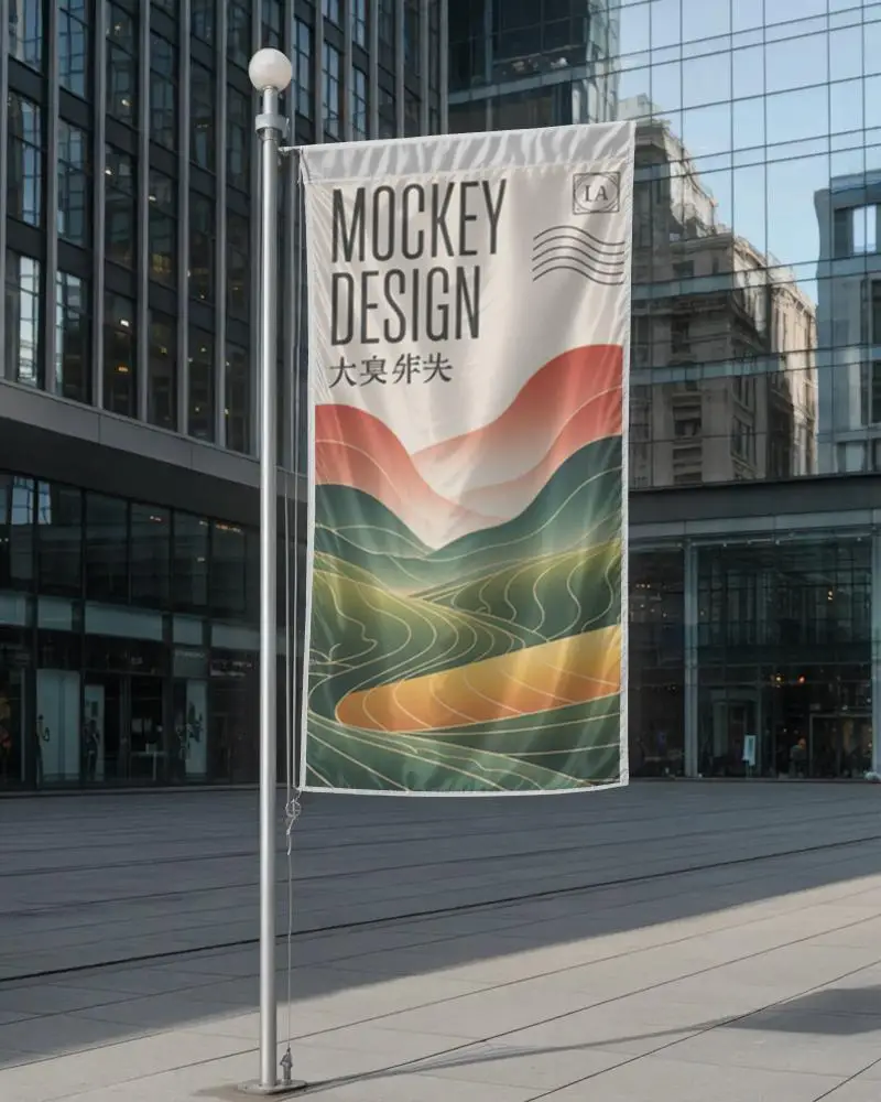 Outdoor Stylish Fabric Banner Mockup With Reflective Surface In Downtown Business District