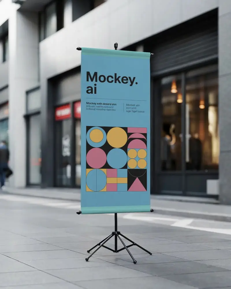 Vertical Roll Up Banner Mockup Showcased On City Sidewalk For Marketing Ads Display