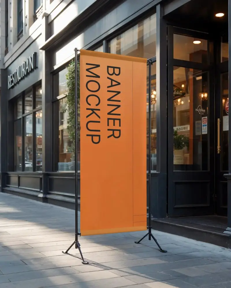 Freestanding Vertical Display Banner Mockup For Restaurants Shops And Retail Marketing Uses