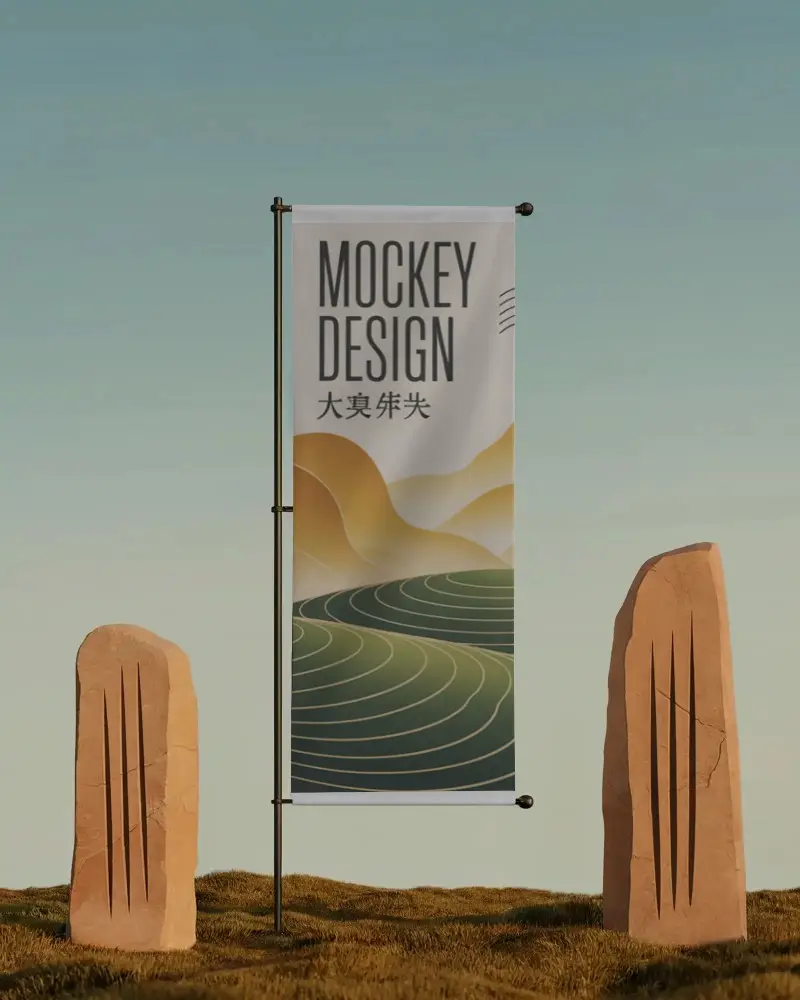Tall Vertical Hanging Banner Mockup With Empty Space In Desert Style Landscape Setup