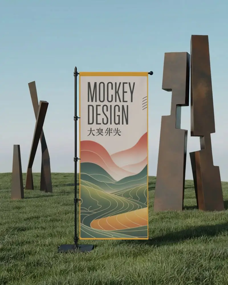 Freestanding Blank Banner Mockup On Pole Outdoor Surroundings For Brand Promotion Use