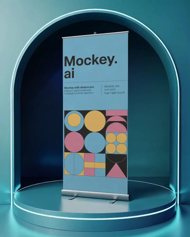 Sleek Roll Up Banner Mockup On Illuminated Platform For Professional Visual Presentation