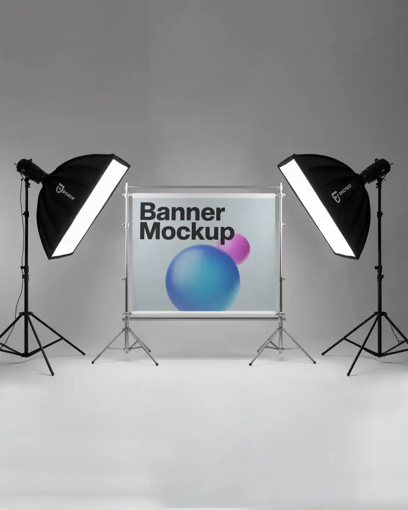 Studio Lighting Setup Banner Mockup With Large Softbox Flashes And Photography Backdrop Stand