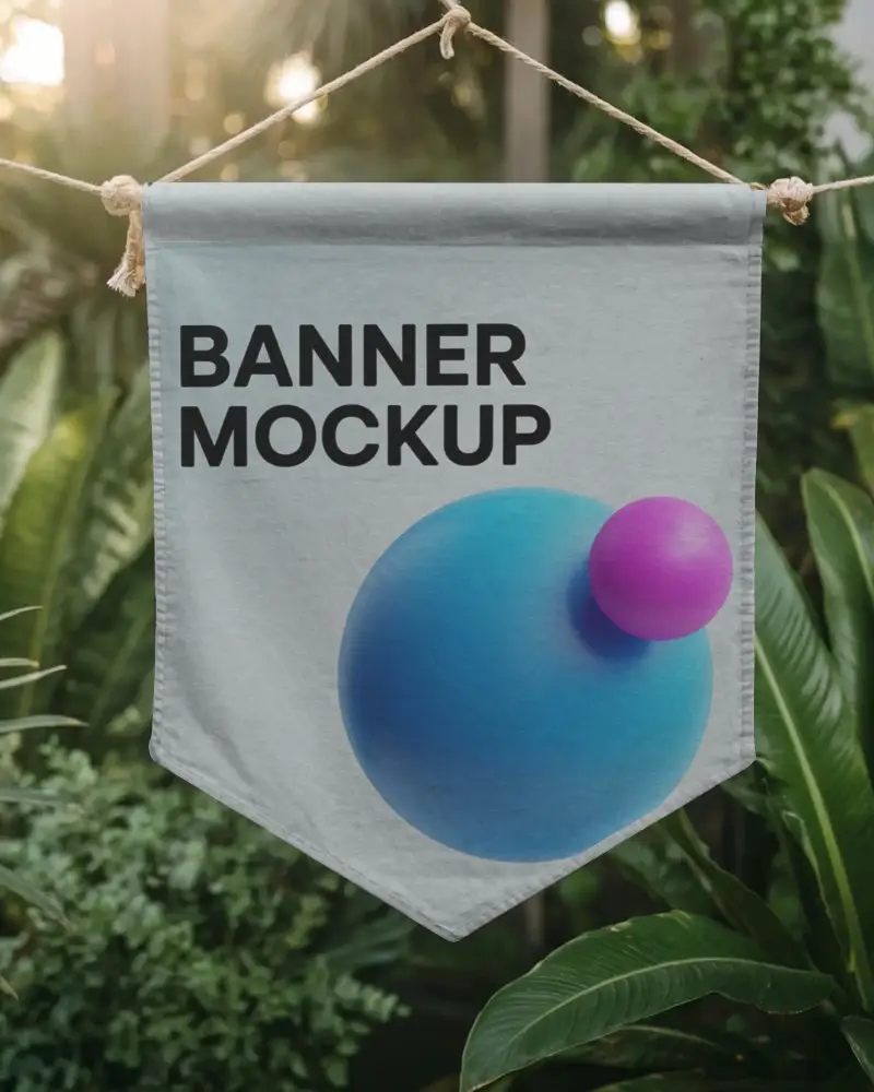 Hanging Woven Banner Mockup For Custom Design Presentation In Natural Greenery Background