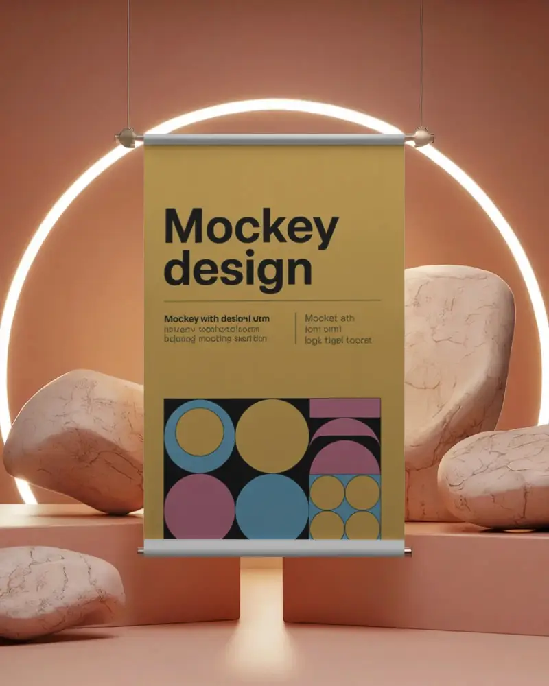 Modern Banner Mockup With Minimalist Rocks And Neon Circle For Promotion And Display