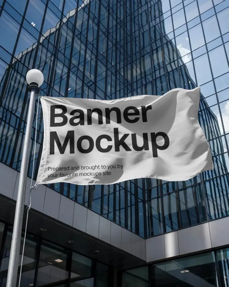Realistic Flag Banner Mockup Floating In Wind At Business District With Glass Walls Background