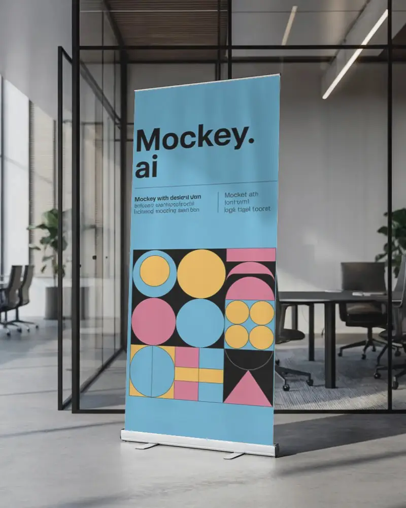 Sleek Roll Up Banner Display Mockup In Conference Room For Expo And Trade Show Designs