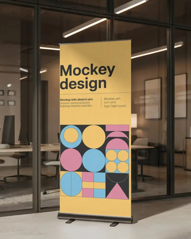 Portable Roll Up Banner Mockup Stand For Indoor Office Promotion And Event Display Usage