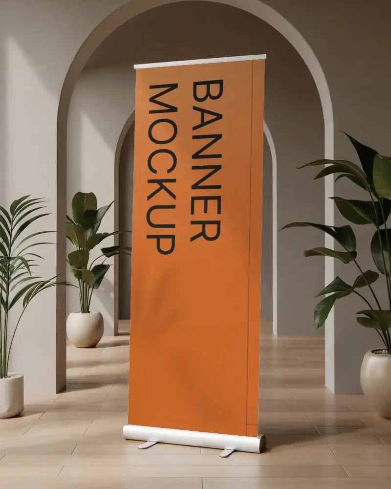 Vertical Promo Banner Mockup In Elegant Arched Interior With Floor Planted Pots