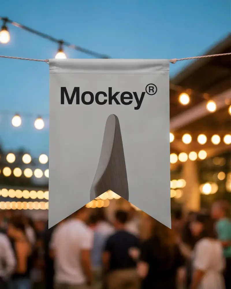 Event Celebration Banner Mockup Hanging Background String Lights Outdoor Festive Gathering Nightlife