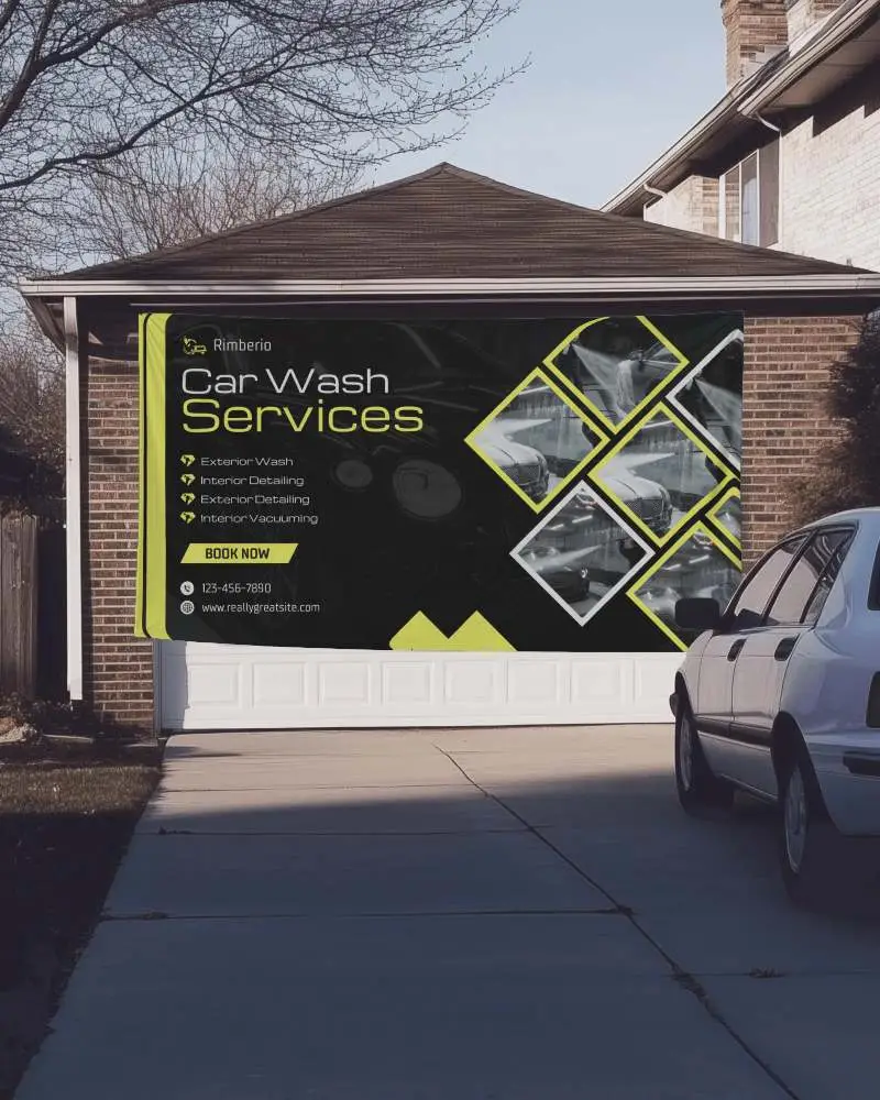 Suburban Driveway Banner Mockup Horizontal Fabric Hanging Over Garage Door With Parked Car And Brick House In Evening Light