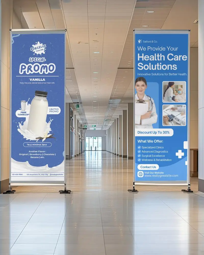 Modern Corridor Banner Mockup Dual Vertical Stands In Spacious Commercial Hallway With Natural Light