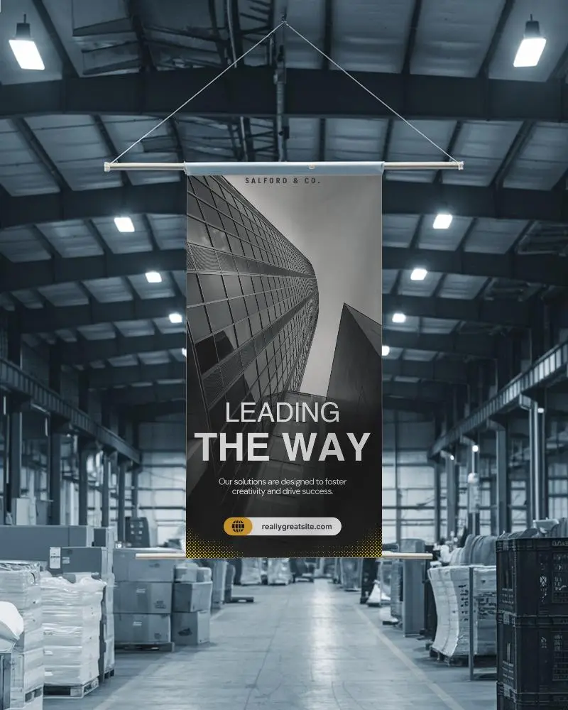 Modern Factory Banner Mockup Hanging Display Banner In Blue Toned Industrial Storage Space