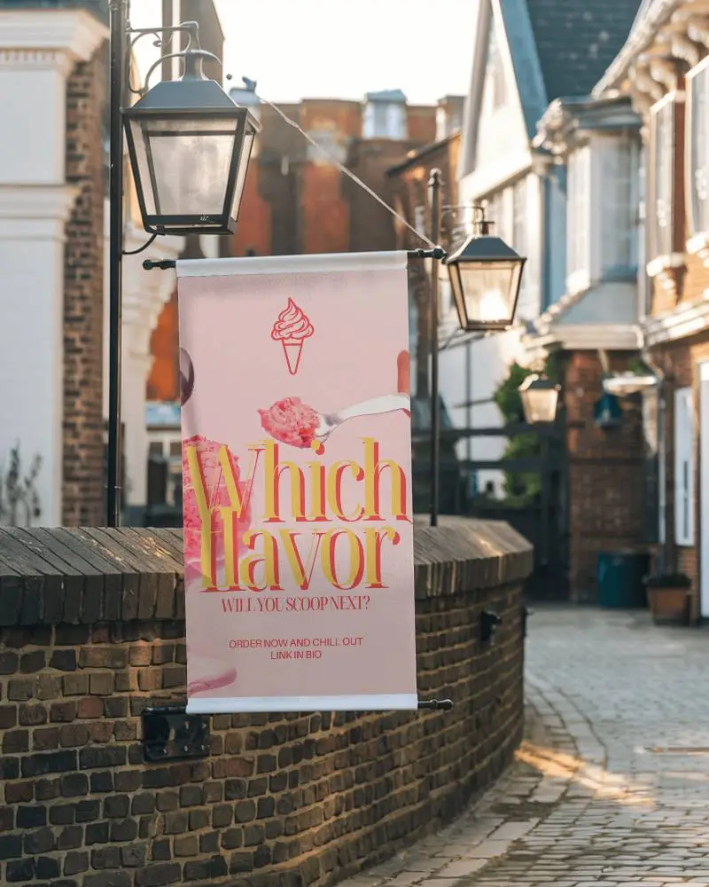 Outdoor Street Banner Mockup Hanging From Black Metal Lamp Post In Charming Brick Alleyway