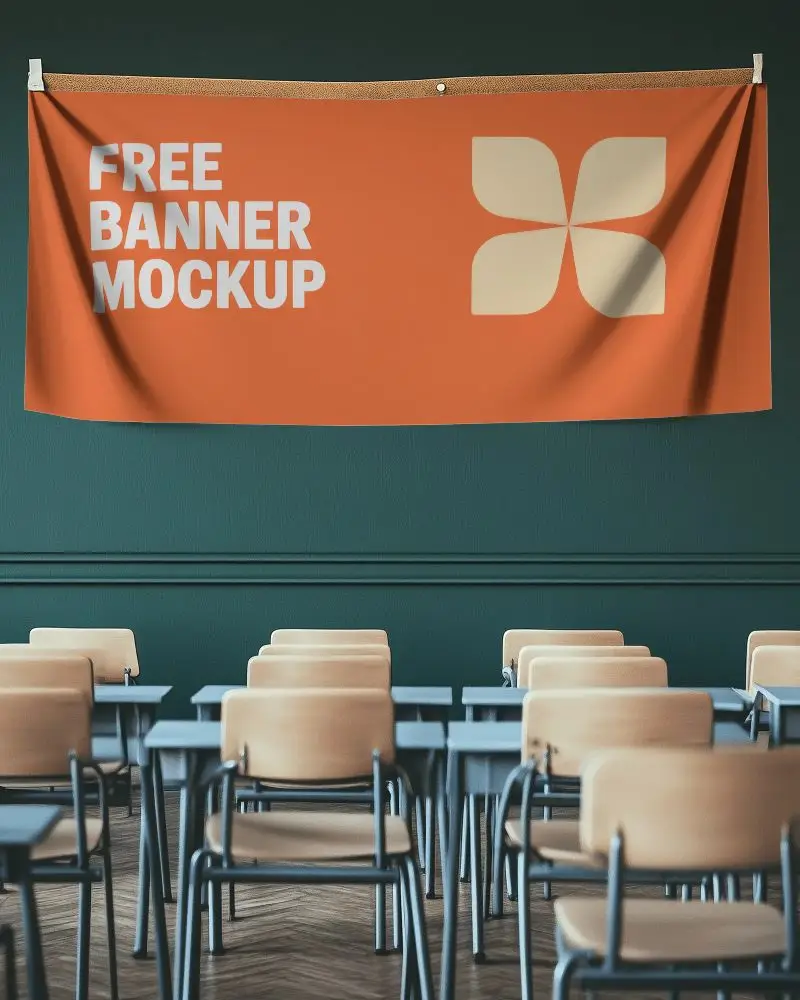 Academic Classroom Banner Mockup Horizontally Mounted On Corkboard Above Neatly Aligned Student Desks