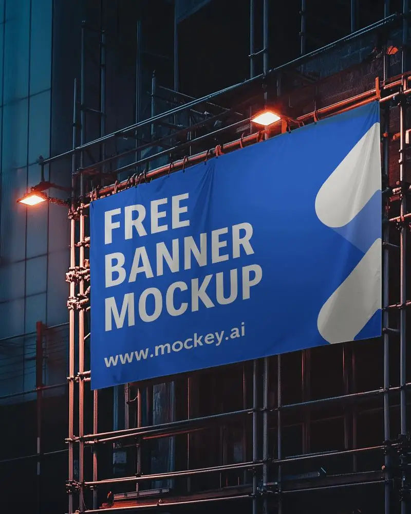 Night Lit Construction Banner Mockup Horizontal Fabric Hanging On Scaffolding With Orange Streetlights