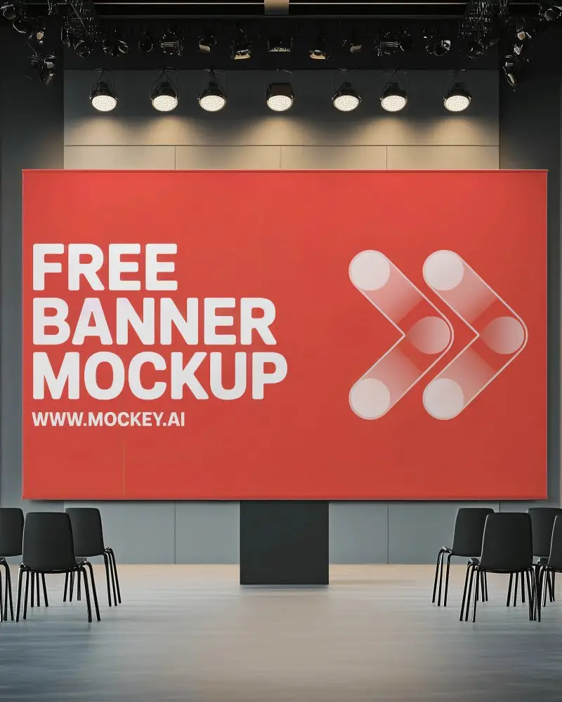 Conference Stage Banner Mockup In Modern Event Hall With Spotlights And Empty Black Chairs