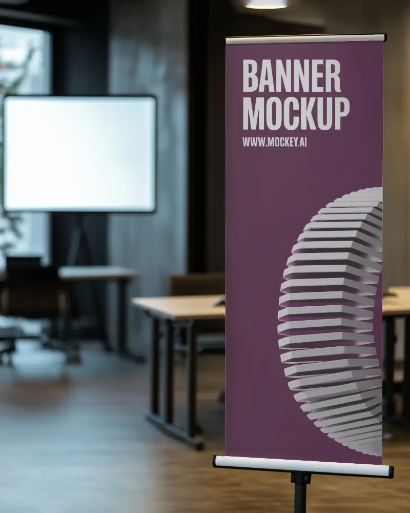 Vertical Roll Up Banner Mockup In Dark Toned Conference Hall With Empty Desks And Soft Light