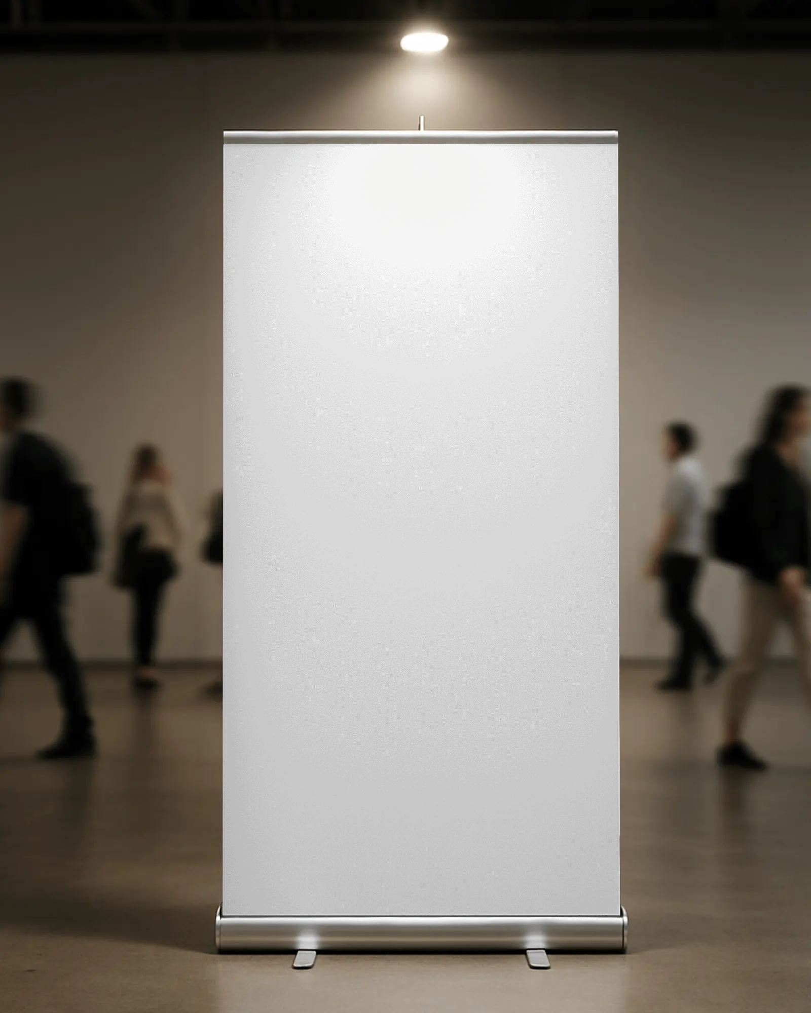 Roll Up Banner Mockup In Busy Event Hall With Motion Blur Of Walking Attendees