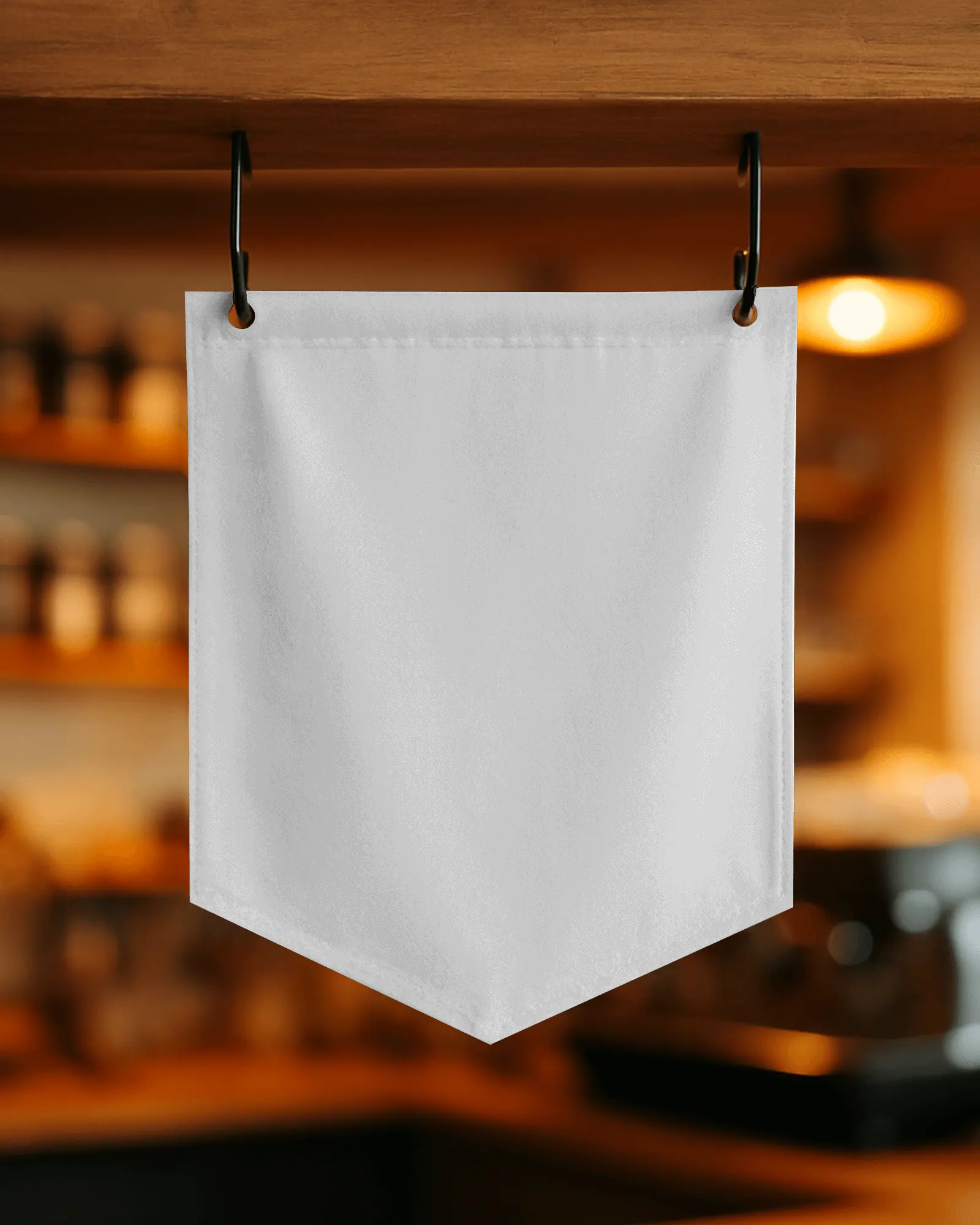 Hanging Triangle Banner Mockup Small Vertical Display Suspended From Wooden Beam In Warm Blurred Cafe Setting