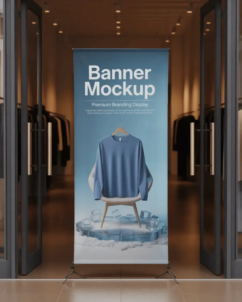 Fashion Boutique Entrance Banner Mockup Vertical White Promotion Banner Outside Luxury Storefront
