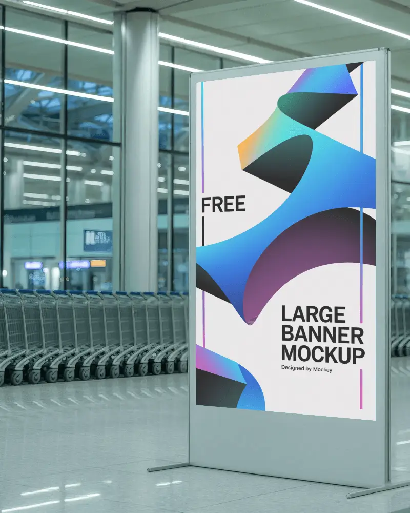 Digital Advertising Banner Mockup Bright Lighted Display Stand In International Airport Baggage Cart Area