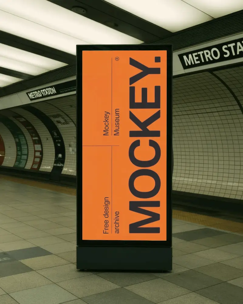Modern Subway Advertising Banner Mockup Glowing Vertical Kiosk With White Space On Tiled Metro Platform