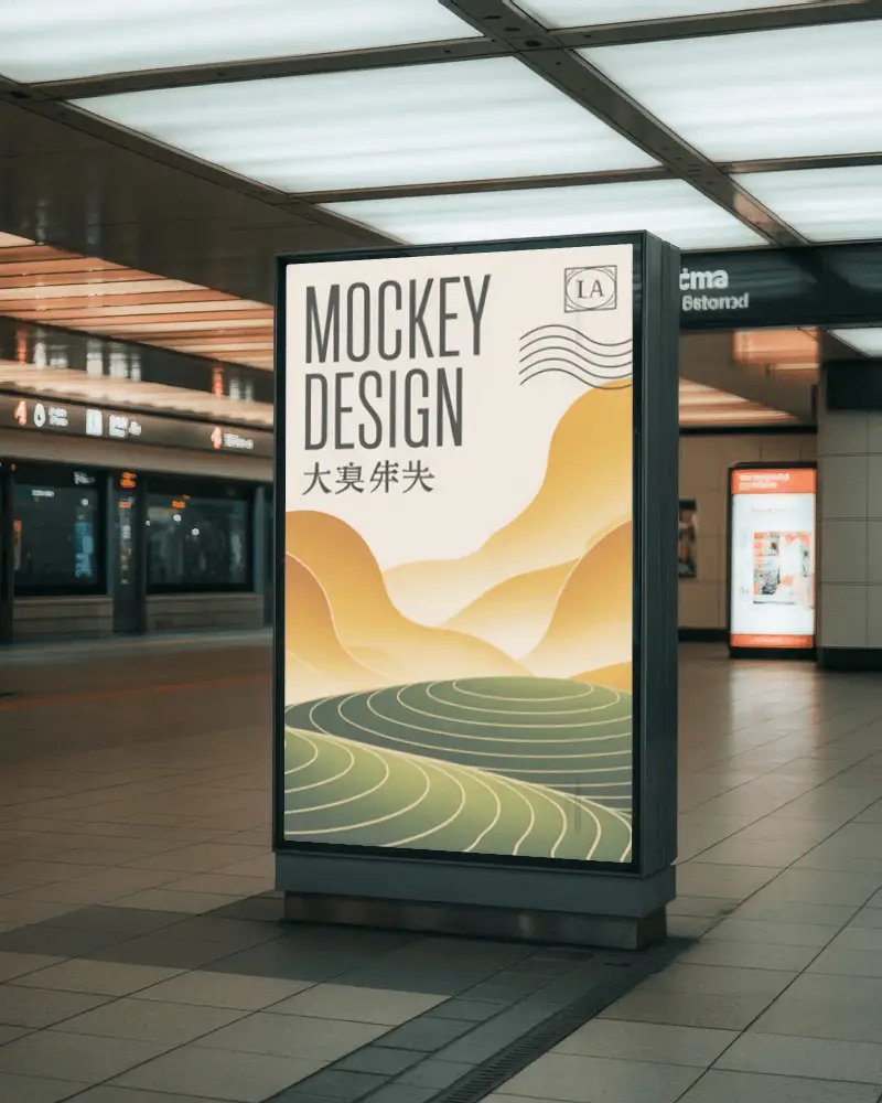 Vertical Subway Banner Mockup Glowing Lightbox Advertisement Display In Underground Transit Terminal