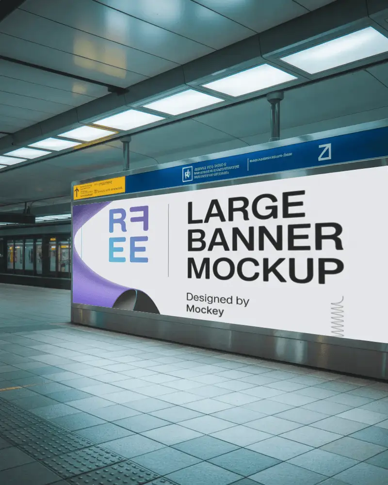 Illuminated Horizontal Kiosk Banner Mockup Subway Station Poster Display With Overhead Lighting Panels