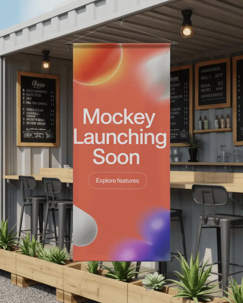 Hanging Banner Mockup Cafe Exterior Vertical White Banner Displayed In Modern Open Air Bar Setting