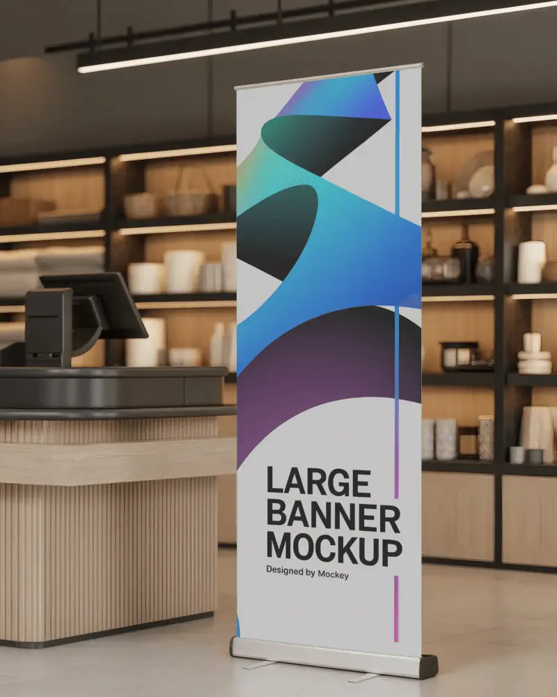 Indoor Retail Banner Mockup Vertical Roll Up Display Next To Modern Wooden Checkout Counter
