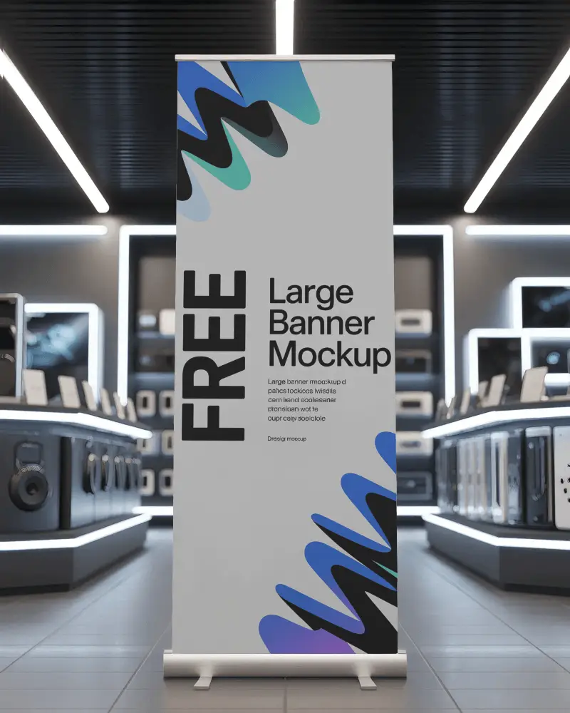 Electronics Store Banner Mockup Vertical Roll Up Display In High Tech Retail Environment With Modern Lighting