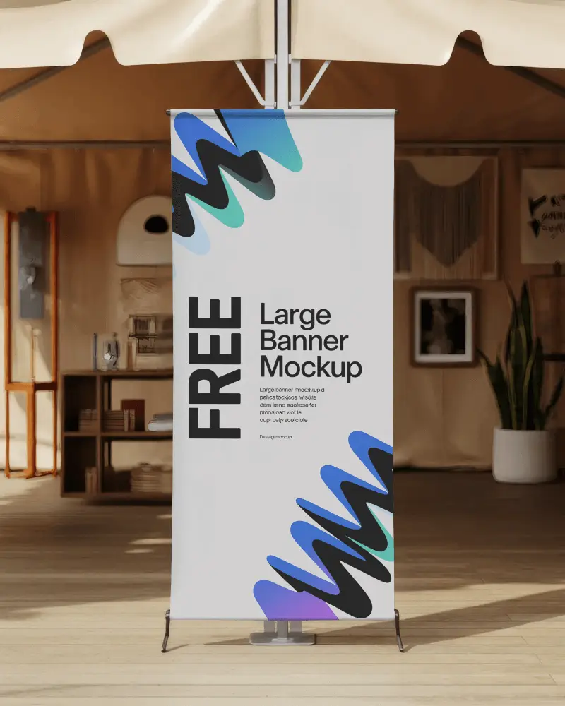 Small Business Market Banner Mockup Roll Up Banner Display In Warm Light Wooden Craft Stand Environment